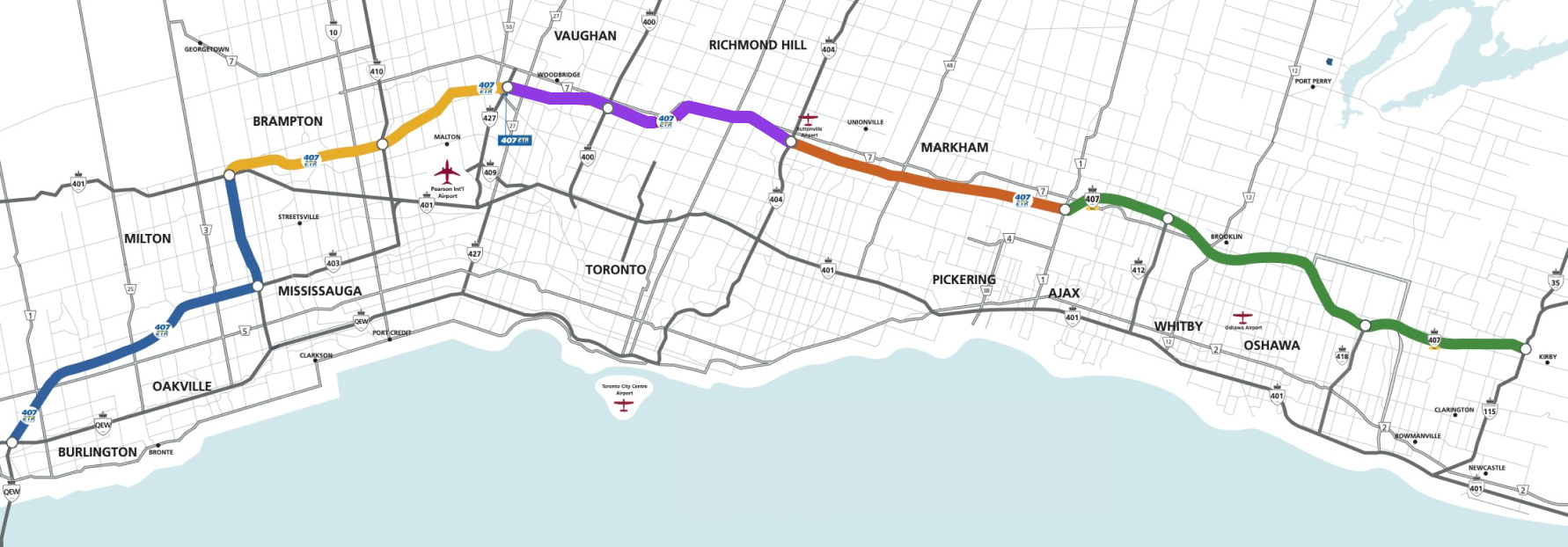 A map of Highway 407 ETR and Highway 407, with Highway 407 starting from Regional Road 1 to Highway 115.